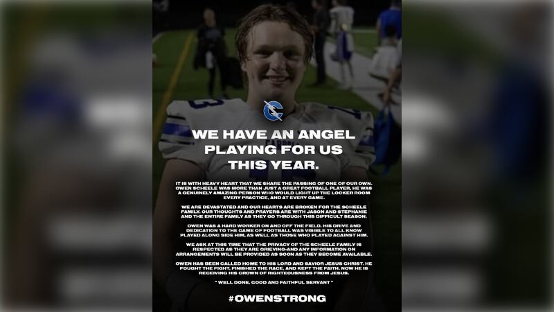 The Carroll High School football team tweets its condolences following the death of Owen Scheele.