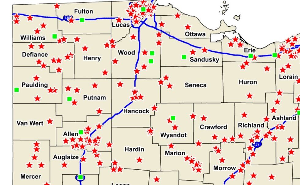 This map of northwest Ohio shows the location of accidents in which someone died in 2021. Red...