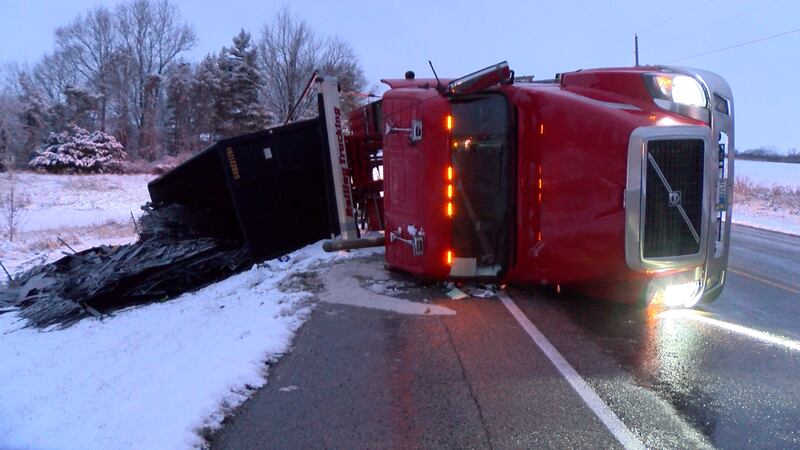 Flipped over semi trailer blocks traffic on U.S. 24