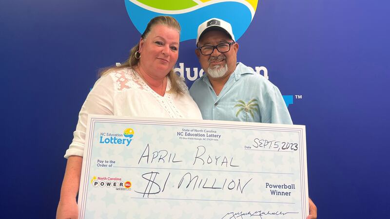 April Royal and her husband from Fayetteville claim a $1 million Powerball prize in Raleigh, NC.