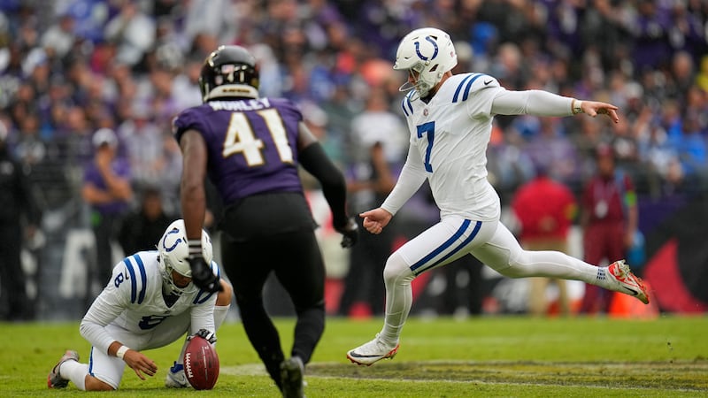 Indianapolis Colts place kicker Matt Gay (7) kicks a field goal out of the hold of Rigoberto...