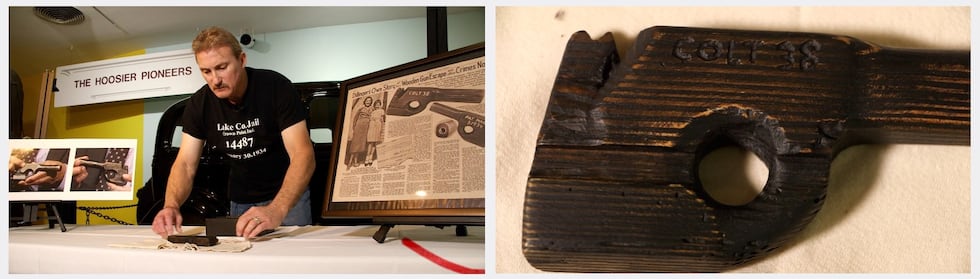 Mark Love shows his wooden gun, comparing it to a newspaper article from 1934
