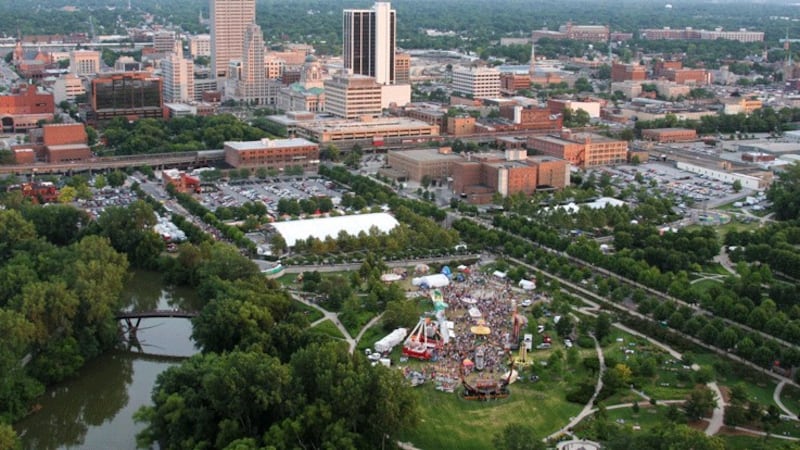 FILE - Ariel of downtown Fort Wayne, Headwaters Park