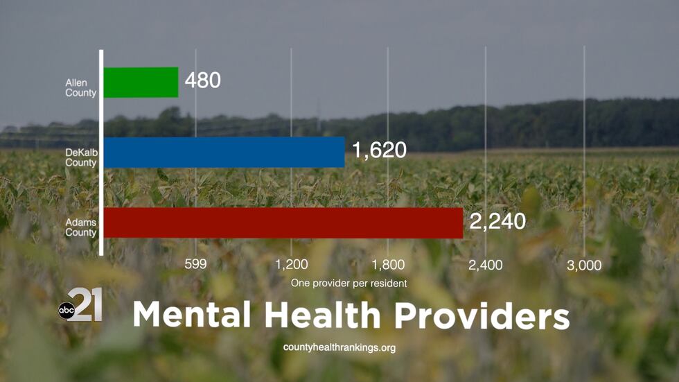 Statistic on mental health providers to residents in Allen, DeKalb, and Adams Counties