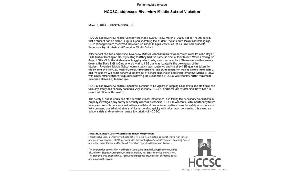 HCCSC letter addressing airsoft gun brought to Riverview Middle School on March 6, 2023.