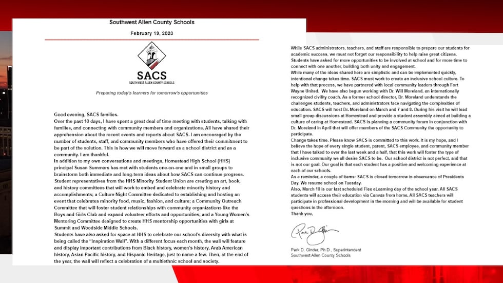 Superintendent Ginder's letter reads.