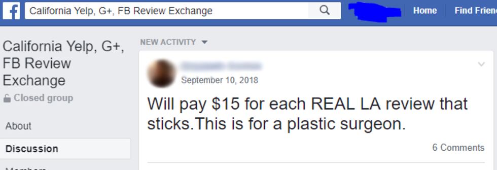 A Facebook post offering cash for reviews. Kay Dean exposed this post and others like it on...