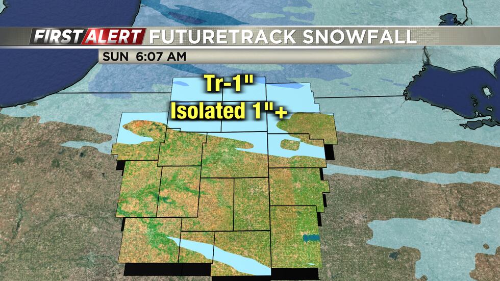 Lake-effect snow streamers will bring measurable snow near the Michigan border.
